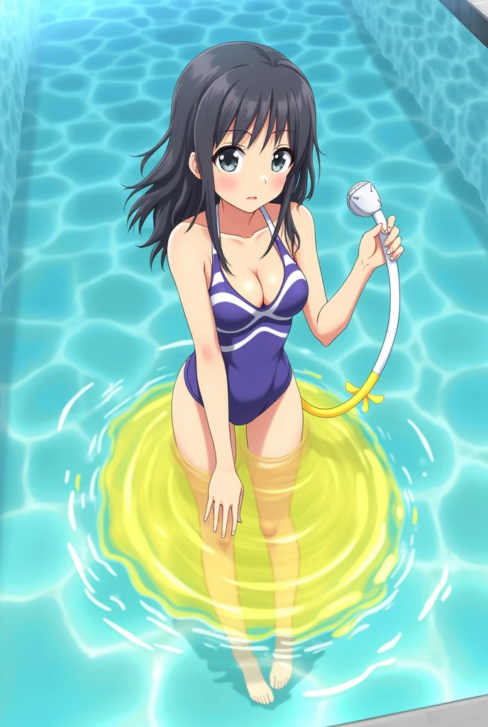 Anime, girl, girl in a swimsuit, girl in a swimsuit with a tube that is inserted into a swimsuit, pees, pees herself, pees with yellow urine, pees into a tube that is inserted into a swimsuit, yellow urine flows from a tube that is inserted into a swimsuit, urine flows into the pool, bright yellow urine dissolves in the pool