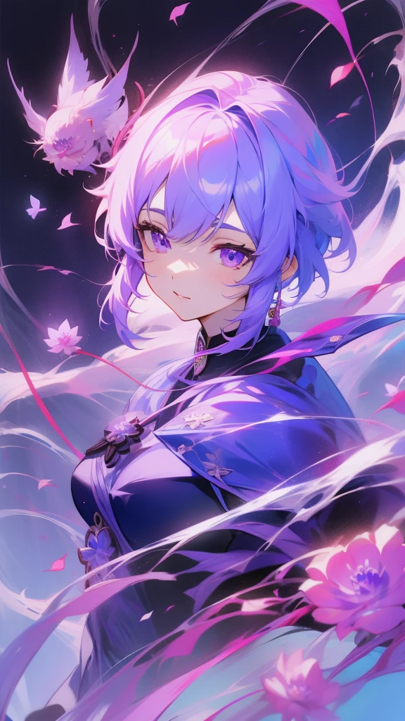 Purple hair and purple eyes、Anime character wearing purple clothes, Ayaka Genshin Impact, [[[[smile wickedly]]]], Akasuki Void Star, Onmyoji portrait, Hajime Yatate, Anime Moe Art Style, Portrait of a girl in the Knights of the Zodiac, Keqing of Genshin Impact, Ayaka Games Genshin Impact