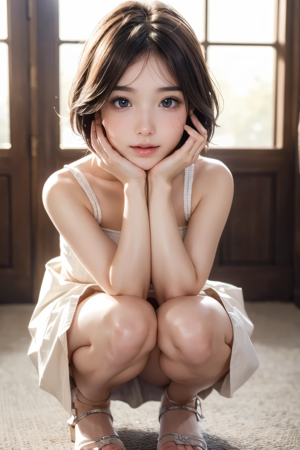 (cry)、Cute Girl、Highly detailed face、Attention to detail、double eyelid、Beautiful thin nose、Sharp focus:1.2、beauty:1.4、(short hair)、Pure white skin、Highest quality、masterpiece、Ultra-high resolution、(Realistic:1.4)、Highly detailed and professional lighting、blush、(((squat)))、Slightly shiny skin、Small breasts、Pleated skirt
