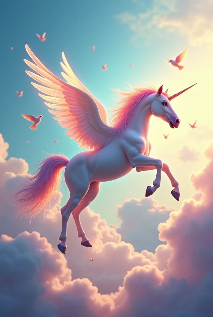unicorns with wings, colored hair flying in the clouds with little birds and a nice background