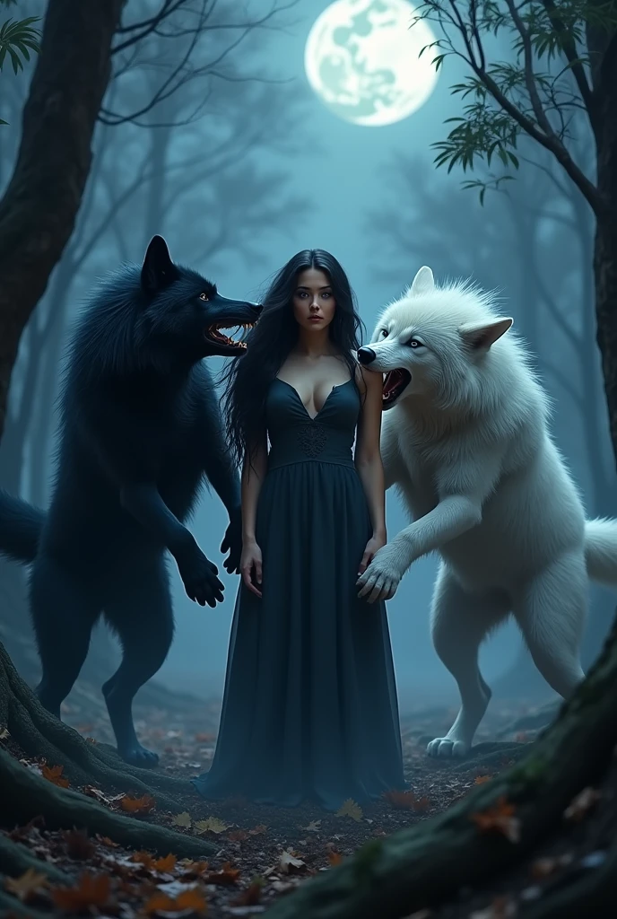 (photorealism:1.2), beautiful woman, long wavy black hair, blue eyes, she is in the middle of big wolves fighting angry, one is black like the night and the other is white, night forest background with full moon, cool undertones, realistic photography, realistic imagen.
