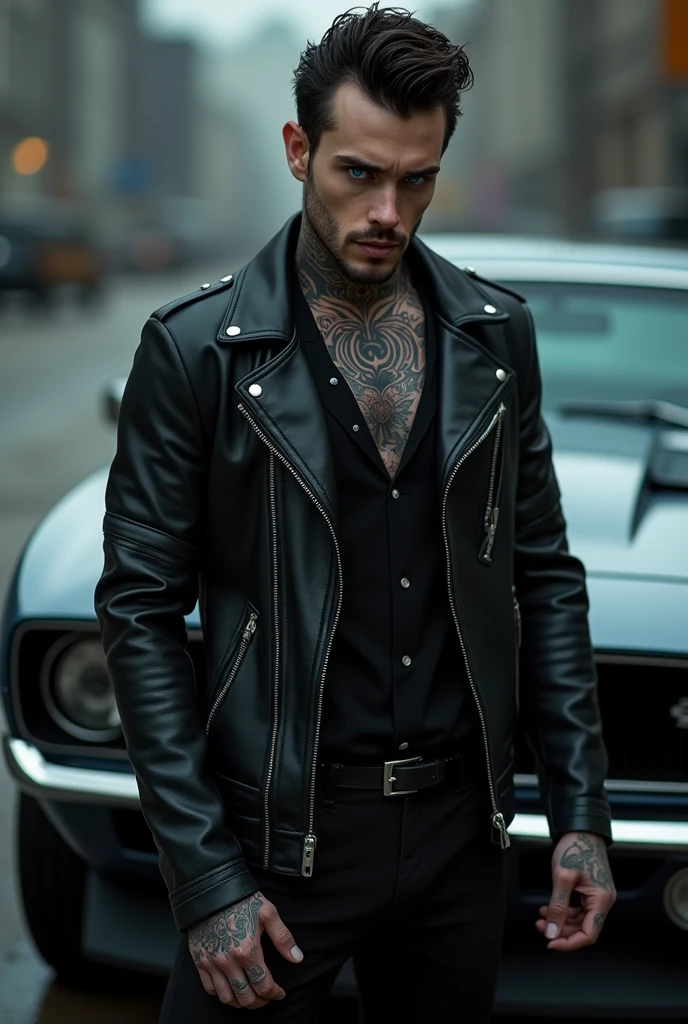 ((a man of 30, tatuados, Wearing Gothic clothes , leather jacket, with blue eyes, look like Andy Black)),((hyperheal)) near a camaro.