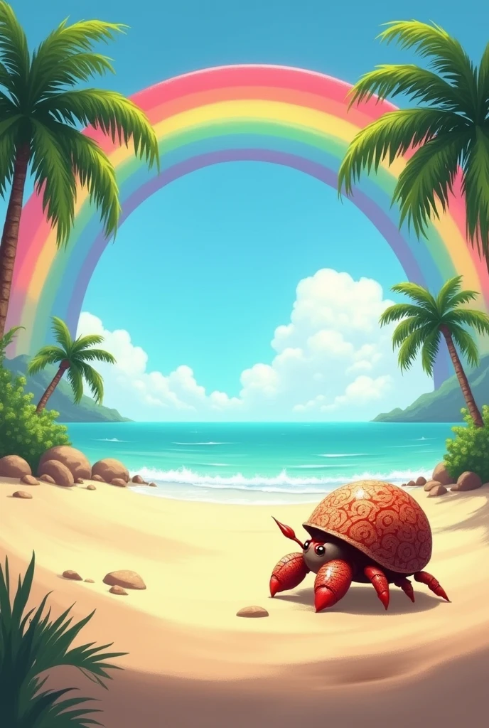 A rainbow appears。
There is a hermit crab。
A small palm tree can be seen on the wide beach。