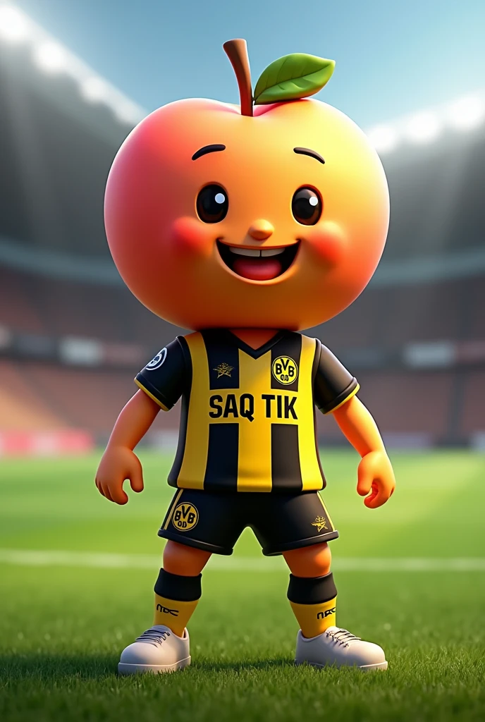 I want a mascot of a Peach that represents soccer football with a Borussia Dortmund uniform that has the word SAQ TIK on the shirt 