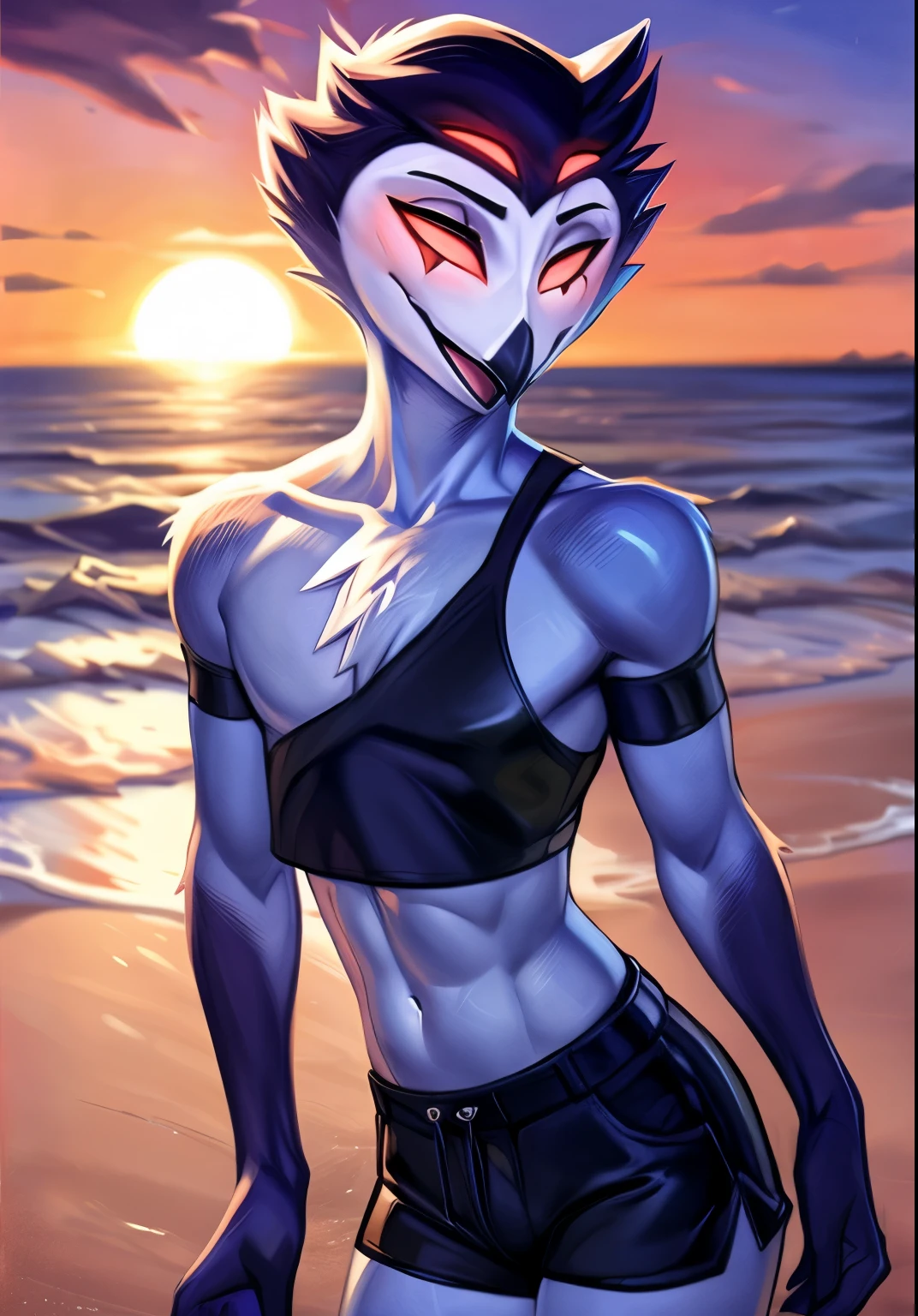 por zackary911,by Chunie,(by place:1.2),by kiyosan,by sigma,((masterpiece)), ((8K quality)), (without watermark), stolas, male, Closed mouth, ((beach background)), sunset, standing, chest forward, Shorts, another hand at his side, (Alone:1.4), pulcro, bright, male body, ((crop tops:1.5)), ((Slim body)), ((broad shoulders:1.5)), ((sexy belly:0.5)), showy, vibrant colors, take off makes, perfect lighting, perfect shadows, Perfect eyes, perfect face, Global light, (decolaed background, depth of field), (4k, 2k, shading, absurd resolution)