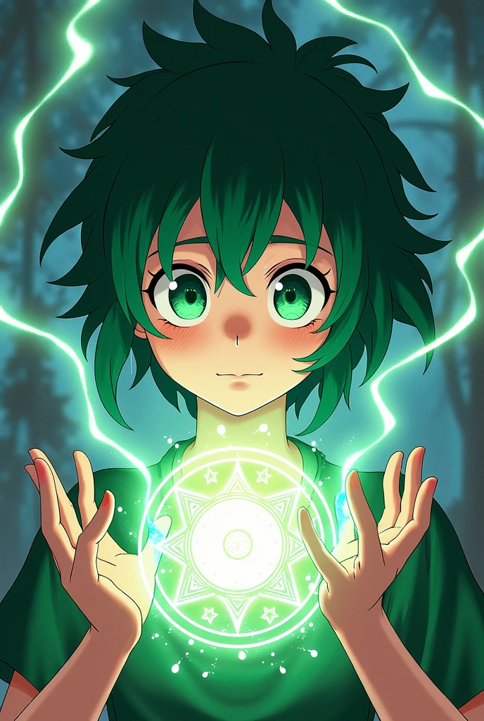 My hero academia style Green hair character, Emerald eyes and freckles Putting the palms of her hands together and making a domain extension (Jujutsu Kaisen)