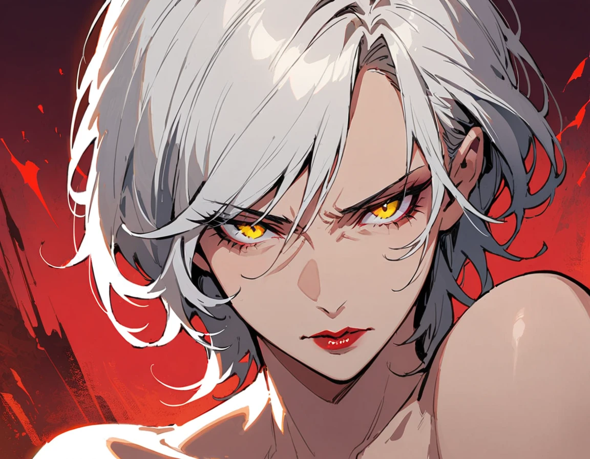 Long white hair, yellow eyes, evil, sexy, elegant hairstyle, evil face, evil, serious look, gloss lips, sinister, front look, (((half-body portrait))), beautiful eyes, white straight short hair, sensual, clear skin, evil, female vampire 40 years, mature woman, solo, (((Older mature woman)))(((Demoness))) (Nude:1.0)