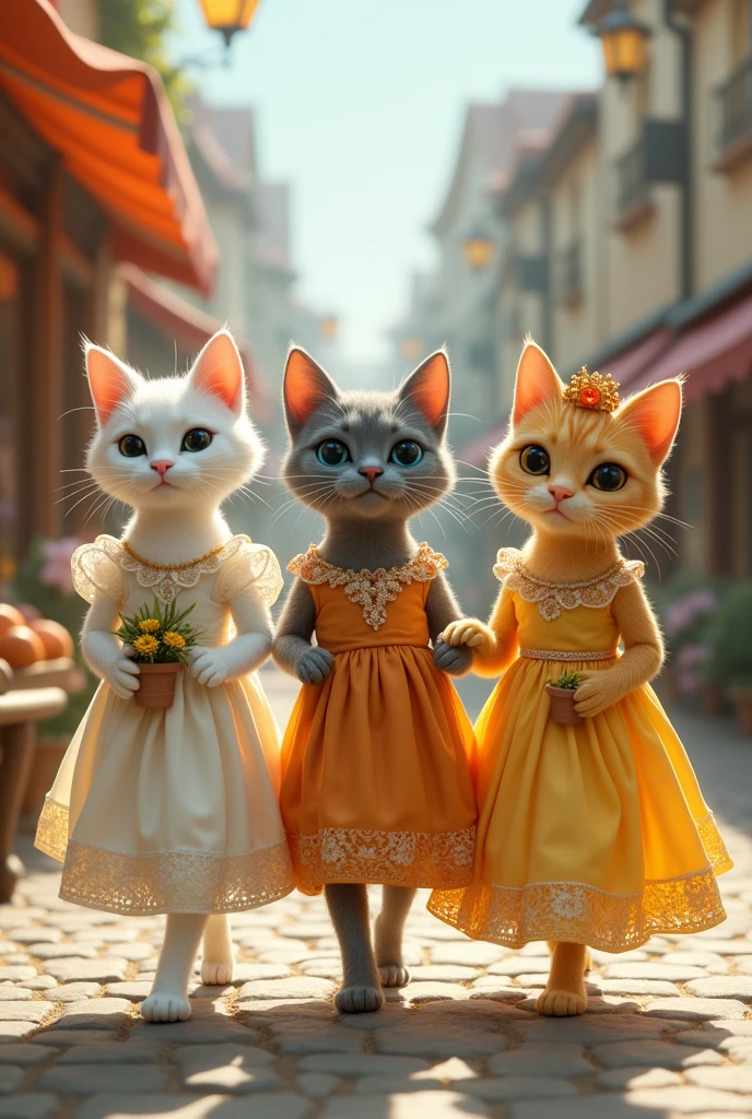 small white cat wear beautiful dress going to market with small grey cat wear beautiful dress and small yellow cat wear beautiful dress going to market