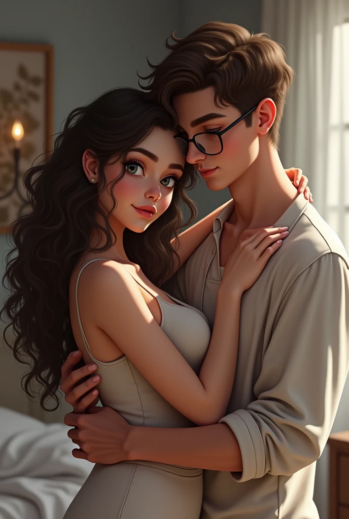 Una chica de White skin y ojos grises, Long hair, black curly and big breasts, lovingly hugging her brown-haired boyfriend, White skin, Brown eyes, and glasses