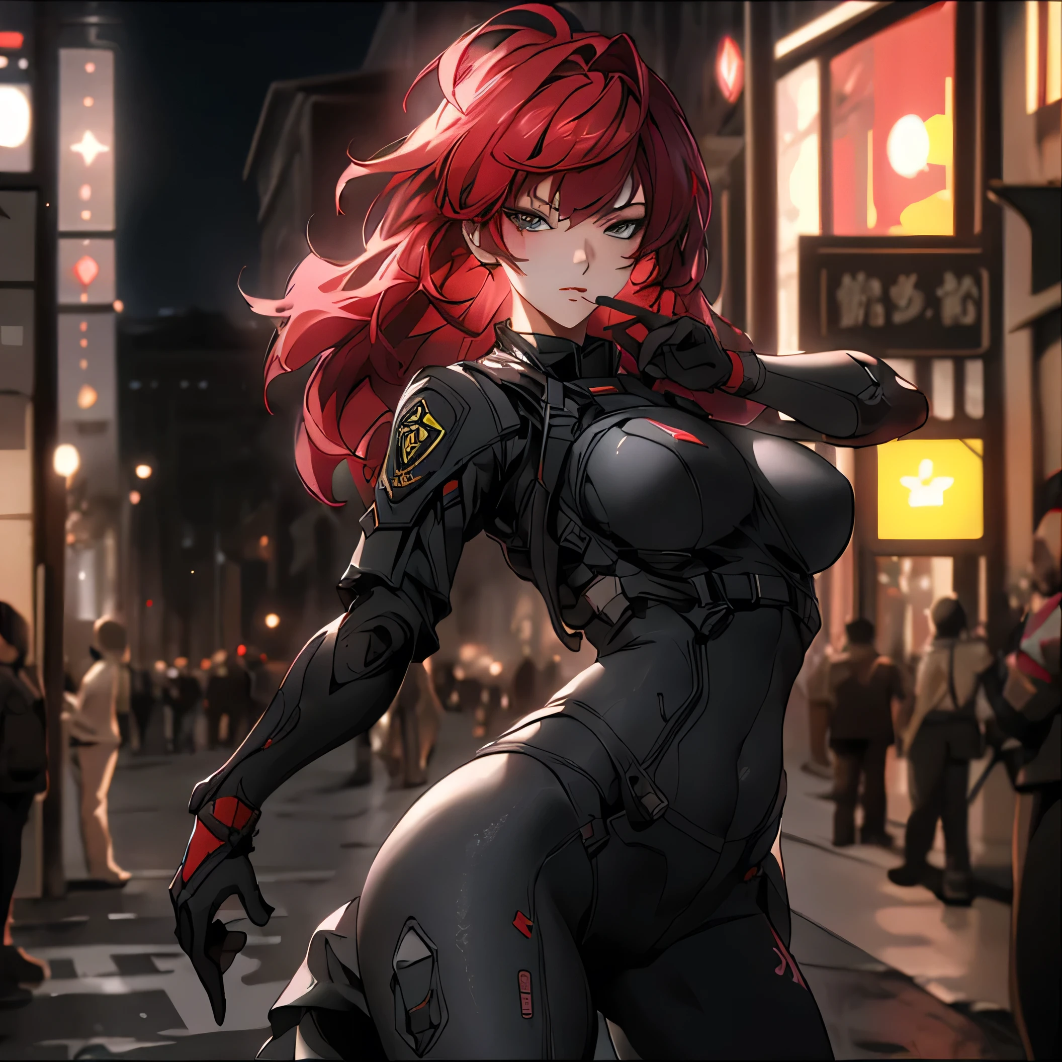 ((best quality)), ((Masterpiece)), (details), 1 girl, SWAT uniform, Curtain bangs, Red hair, big breasts, hip ups, Street background, จมูกโด่ง, ปากแดง, หน้าอกใหญ่, nvidia RTX, PBR surface, After processing,
Anisotropic filtration,depth of field, Maximum clarity and clarity,
multi-layered surface, Subsurface scattering, perfect proportions,
8K raw files, ultra detailed, Unreal 5, Perfect proportions, Octane Render,
volumetric lighting, soft lighting,