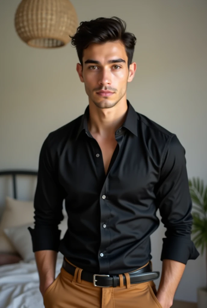 20 years old handsome guy wore black dress shirt and tan hammer pant real human indoor selfie 