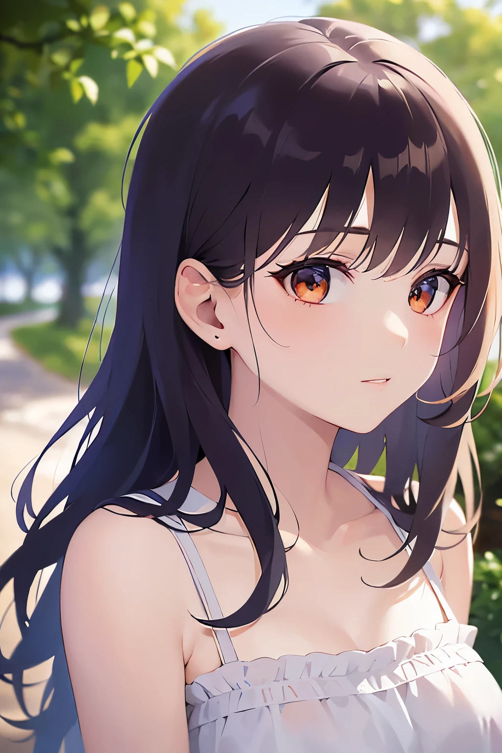 （looking away1.5）Upper Body, facing viewer、
Realistic, real person, (pale skin: 1.2), RAW photo, photorealistic, shiny skin, shiny hair、(A 25-year-old woman with medium-length hair and bangs) and (wavy hair) and (brown hair) and (orange eyes) ,
（White camisole dress：1.5）、
 downcast,,park、(alone:1.5)