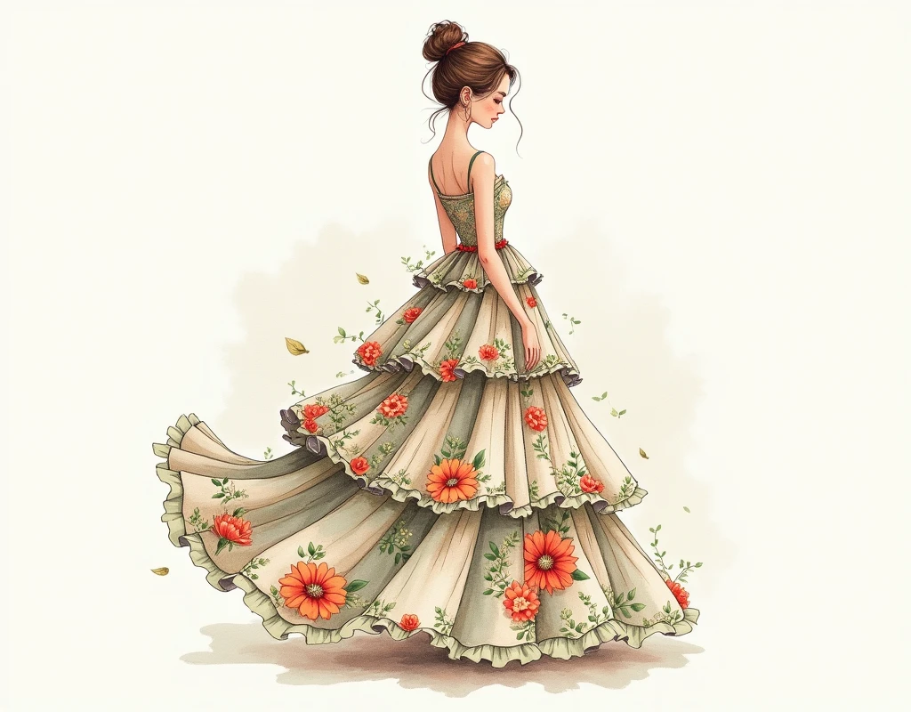Botanical Watercolor Tiered Skirt: Detailed botanical illustrations, watercolor effects, muted earthy tones, romantic and whimsical style