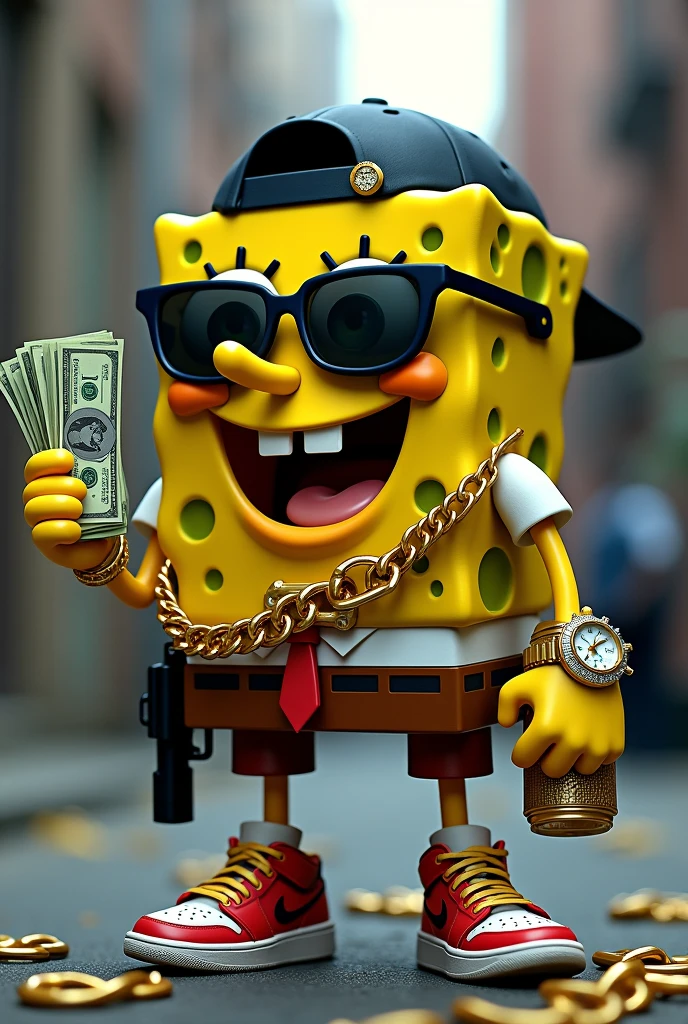Spongebob Squarepants with grills, sunglasses, backward fitted cap, chains, cash, gun strapped, diamond watch, jordans. make sure chains go around him, drinking beer