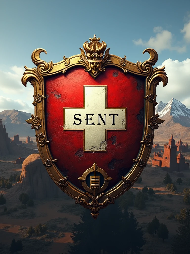 faça um logotipo inspirado no jogo PLAYER UNKNOWN BATTLEGROUND, make a landscape of the ERANGEL map, and in the foreground there was a Swiss shield, in the middle, on the first line, letters, "CSENT" In gold, on the second line "w" em black piano, on the third line "BATTLEGROUND" em black piano, and put the edges of the shield with golden details.