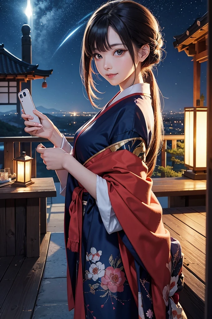 anime style, super fine illustration, highly detailed, dynamic angle, beautiful detailed, 8k, On a summer night, at the observatory at the top of the mountain, BREAK A the Japanese clothing young girl, transfixed by the beautiful night view of the city, is taking a selfie. Her eyes are shining and she is smiling. BREAK The night view sparkles in the background.