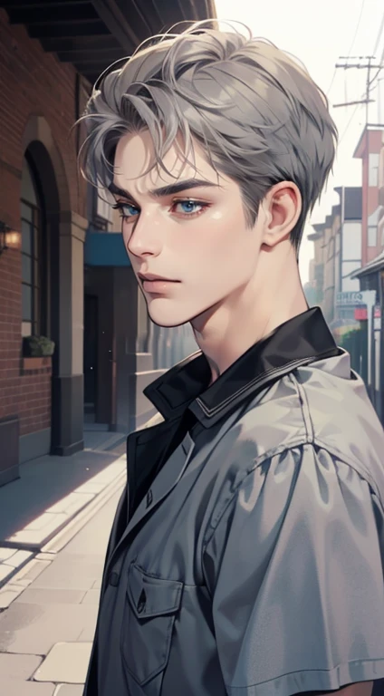 masterpiece, best quality, realistic, 1man, mature male, quiet and charming  man, 3, close his eyes, serious, closed mouth, extremely detailed face, cold, ((dark grey blue eyes)), ((short-right-swept dark grey hair)), [thick eyebrows], ((hunter)), accurate, detailed, ((town))