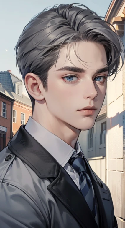 masterpiece, best quality, realistic, 1man, mature male, quiet and charming  man, 3, close his eyes, serious, closed mouth, extremely detailed face, cold, ((dark grey blue eyes)), ((short-right-swept dark grey hair)), [thick eyebrows], ((hunter)), accurate, detailed, ((town))