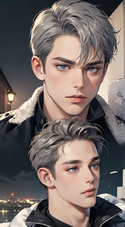 masterpiece, best quality, realistic, 1man, mature male, quiet and charming  man, 3, close his eyes, serious, closed mouth, extremely detailed face, cold, ((dark grey blue eyes)), ((short-right-swept dark grey hair)), [thick eyebrows], ((hunter)), accurate, detailed, ((town))