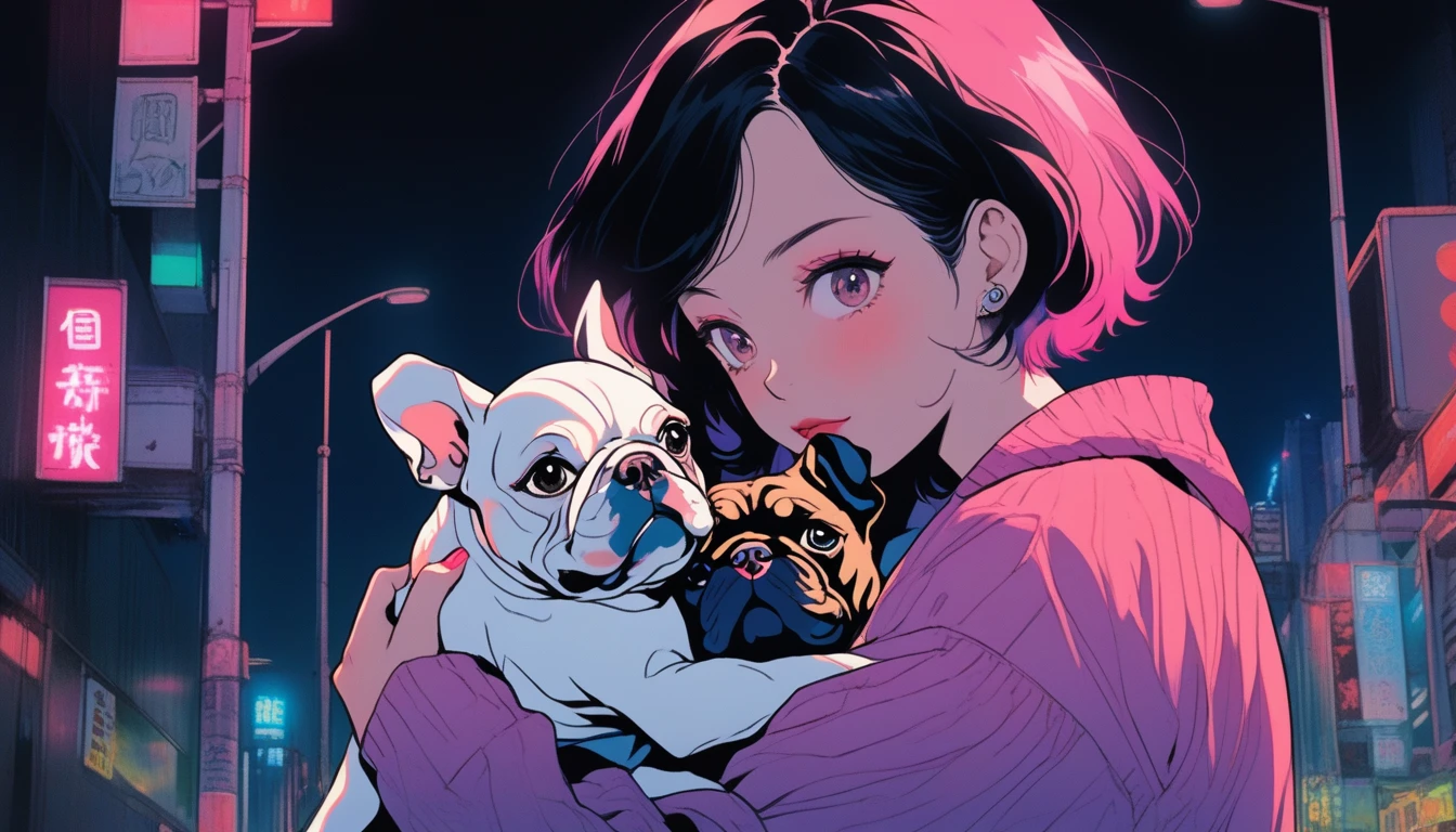 Illustrator, anime , Realistic ,sketch , Inside the intersection、An adult woman holding a cute bulldog puppy, lip, nail、T-shirt,order,Textured Trim, (masterpiece,Highest quality) , Neon Hair,Textured Trim, Canadian, (masterpiece,Highest quality) Cancer,night、Dark Eyes、night、