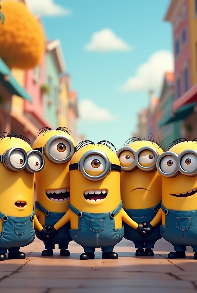 6 Minions taking a picture holding hands 
