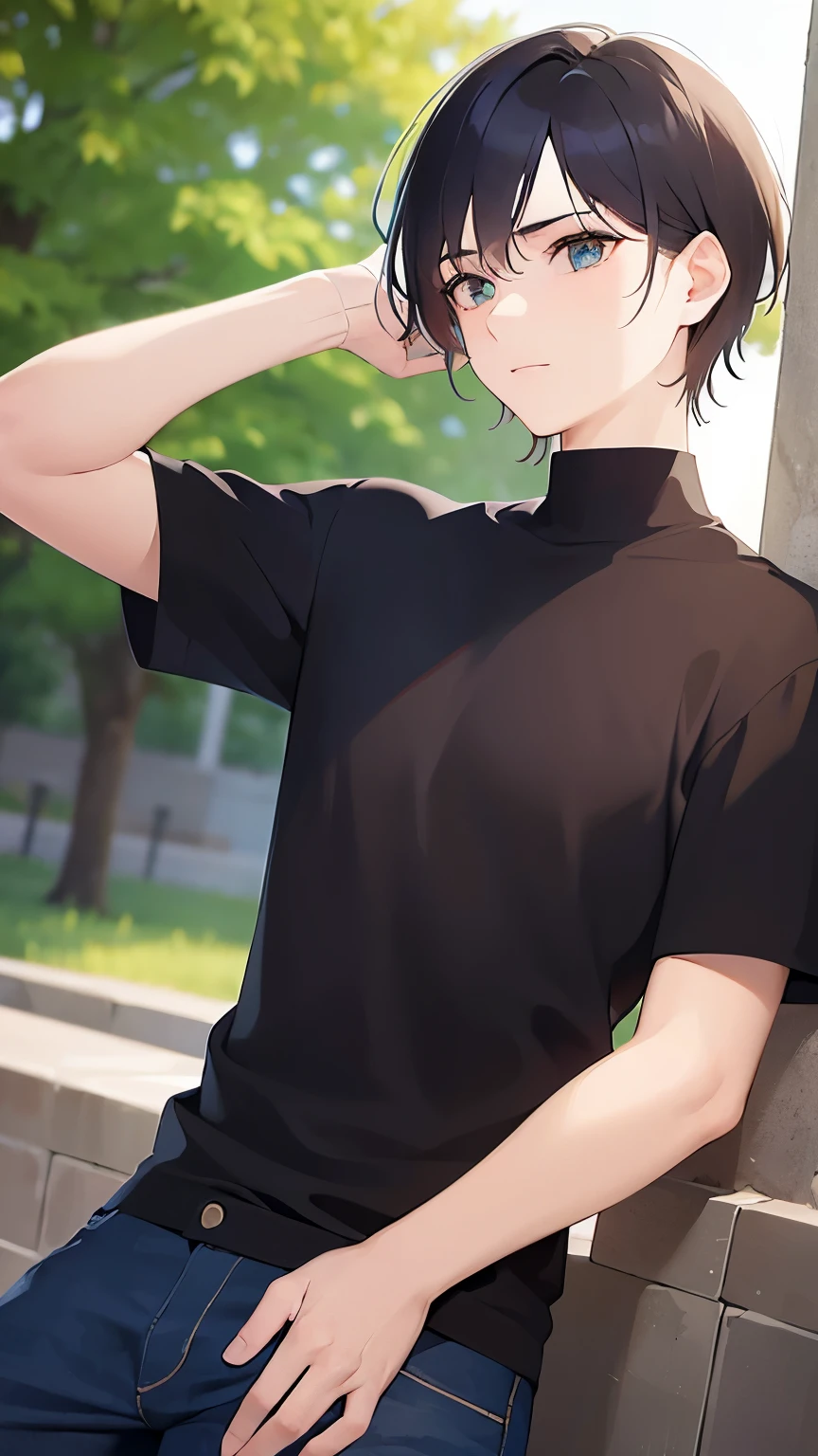 (25-year-old male:1.5) and (Brown short hair) and (Green Eyes), (looking away:1.5),upper body、facing viewer 、Hands on head、
shiny skin, masterpiece、Highest quality、

(black shirt:1.5) 
downcast,park,(alone:1.5)