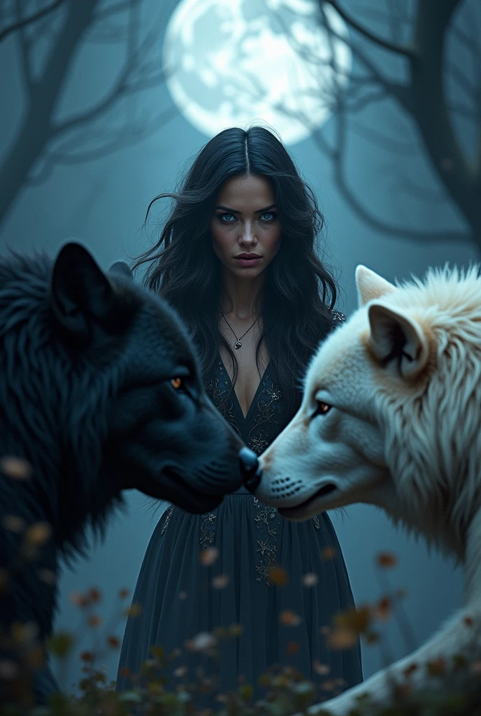 A Asian beautiful young woman,Long dark brown wavy hair,Sharp green eyes,Wearing a purple and black dress,There is a witch power that is stronger than gods and demons,My pet is a black wolf with Gray eyes.Giant white cat with yellow eyes,Giant black.
