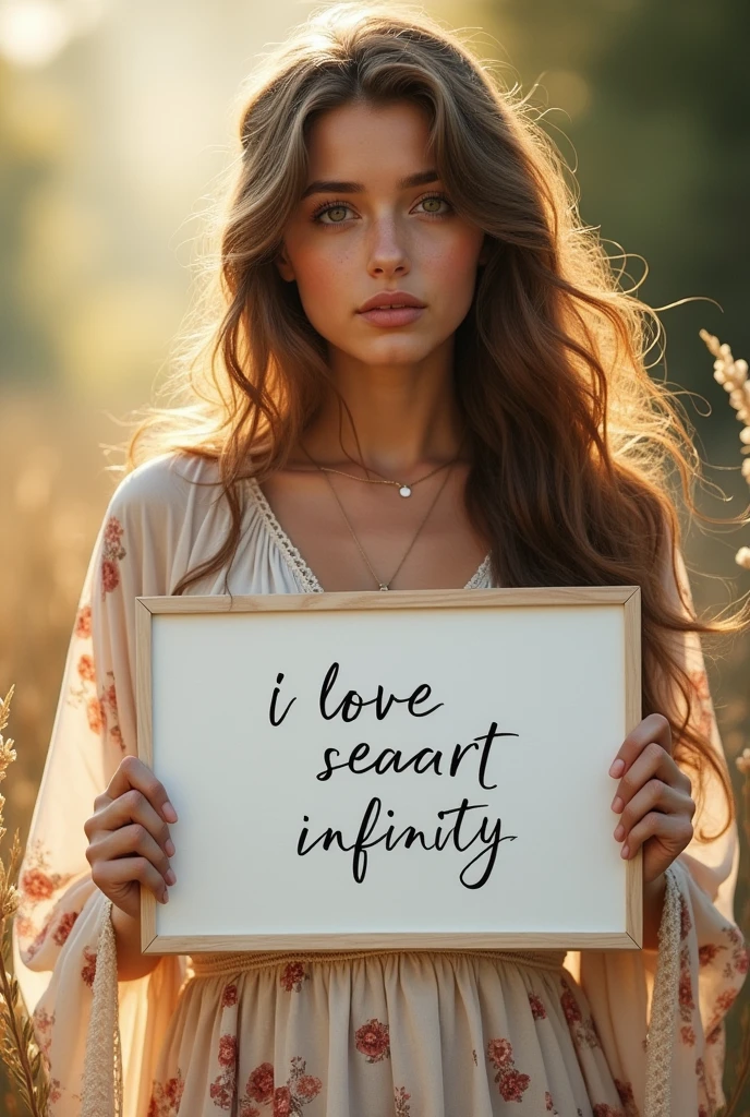 Beautiful girl with wavy long hair, bohemian dress, holding a white board with text "I Love Seaart Infinity" and showing it to the viewer open clothes 