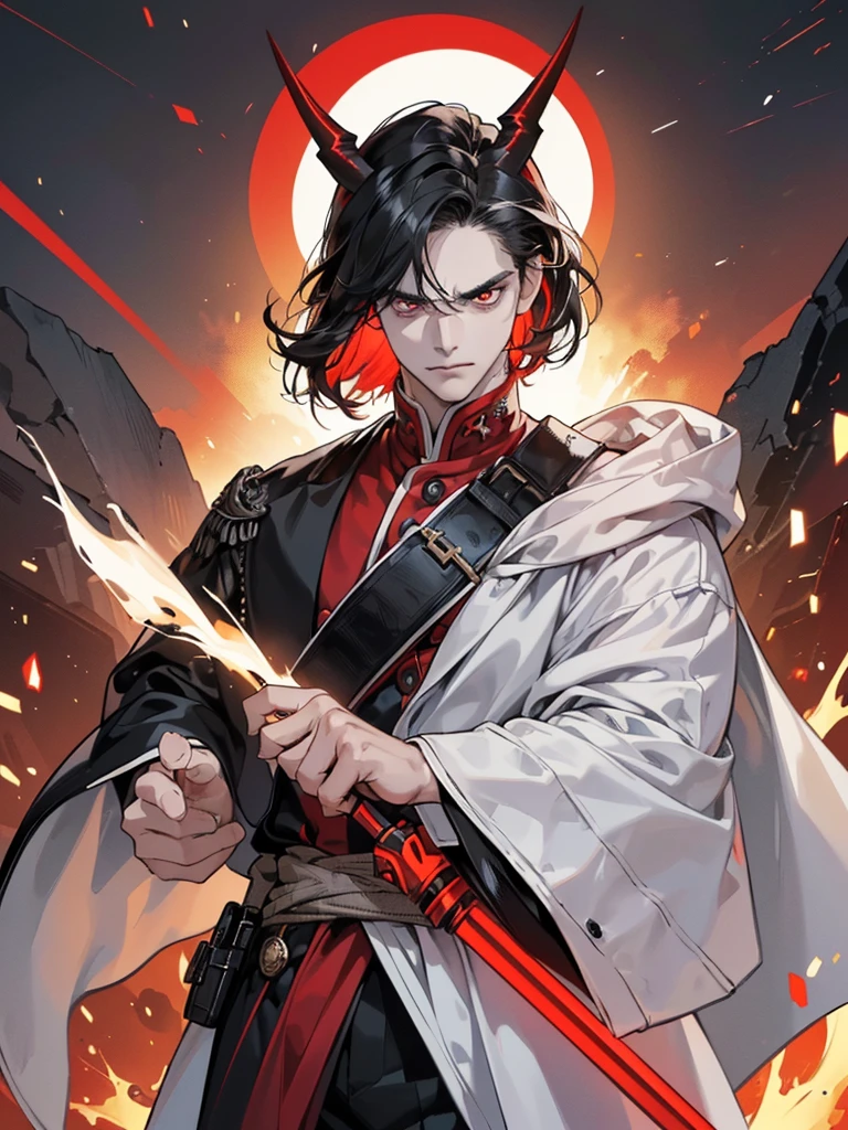 ((Maximum quality, work of art, 4K, finely detailled, detailedeyes, face detailed, gelbooru, pixiv)), warm lighting, ((standing alone)), 1 men, bonitas, masculine, adult and mature man, broadshouldered, Close face ((black hair with white streak in the bangs, having black horns), portraite, brave face. looking at the observer, ((angry eyes, half covered, red eyes with white pupils)), wearing a black and red suit, having staves), background of the destroyed city