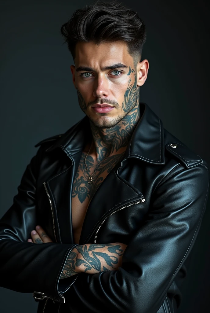 ((a man of 30, tatuados, Wearing Gothic clothes , leather jacket, with blue eyes, look like Andy Black)),((hyperheal)) posing like a model