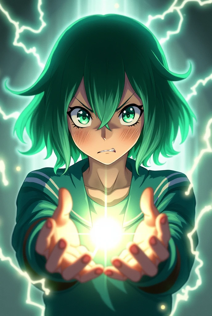 My hero academia style Green hair character, Emerald eyes and freckles with a serious look Putting the palms of her hands together and making a domain extension (Jujutsu Kaisen)