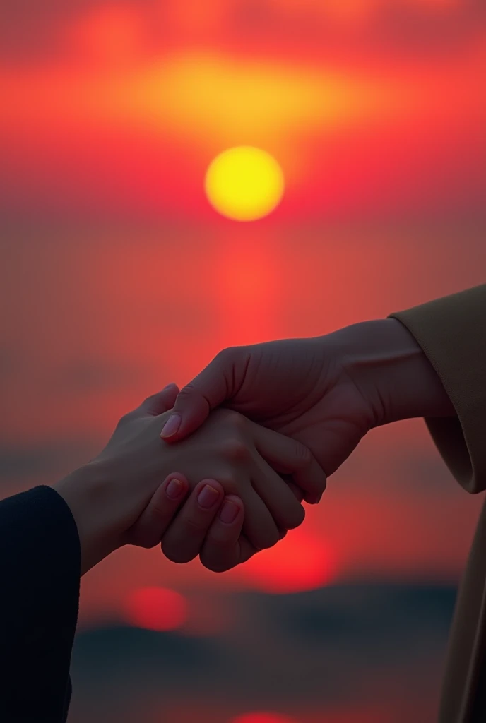 Photorealism hands lovingly touching  ,in the background the sea with red sunset 