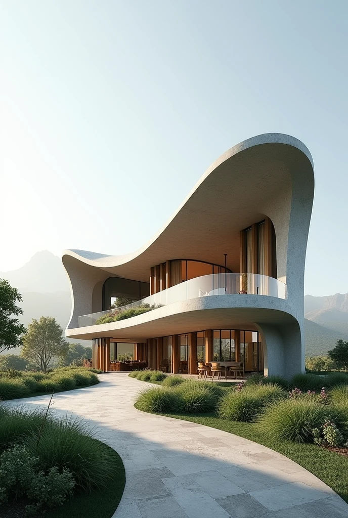 Architectural building inspired by an Andean condor that is two stories high, that is built on a flat surface, that has technological functionality and straight and curved morphology without so much concrete or very large walls, that has natural lighting and green gardens inspired by a flying condor