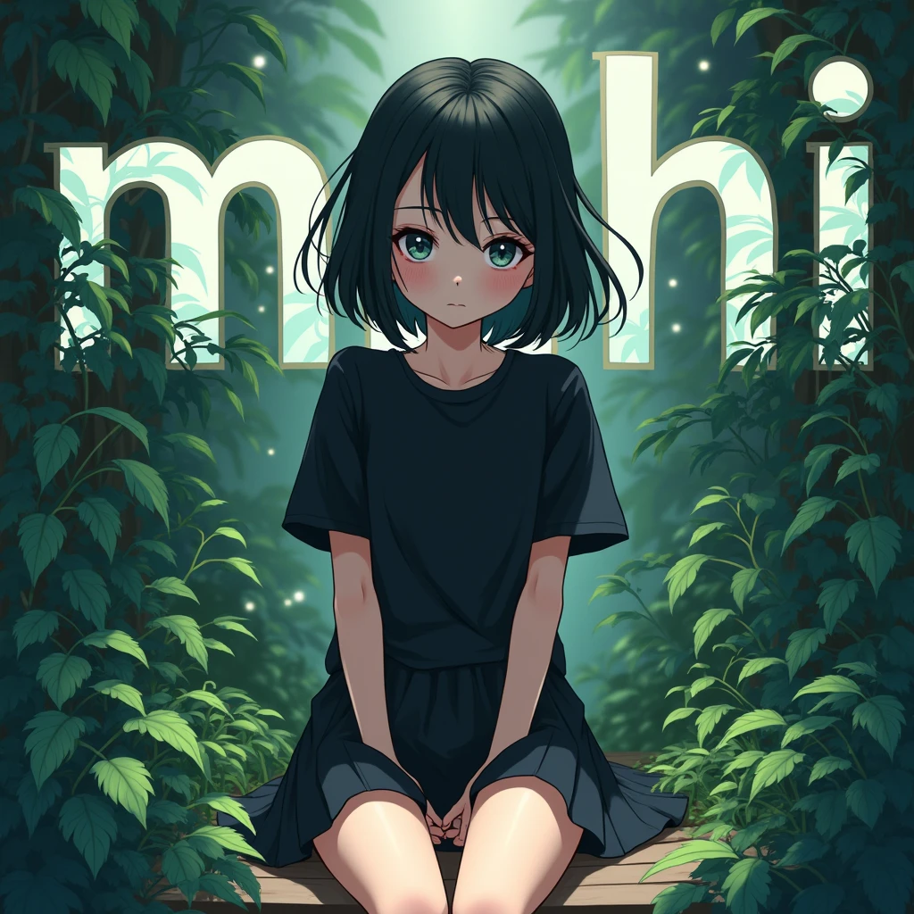 a anime style 16 year girl wearing black tshirt, and black skirt. she has a black hair. and she sitting on the large nature text "MAHI". And behind nature Background. Vibrant, 4k, ULTRA HIGH, UHD.