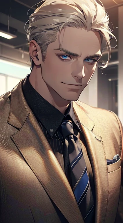 (best quality,4k,8k,highres,masterpiece:1.2),ultra-detailed,(realistic,photorealistic,photo-realistic:1.37),1 man,3,mature man,very handsome,without expression,smile,short grey golden hair,blue eyes,penetrating gaze,perfect face without errors,imposing posture,businessman,office background,cinematic lighting,hdr image