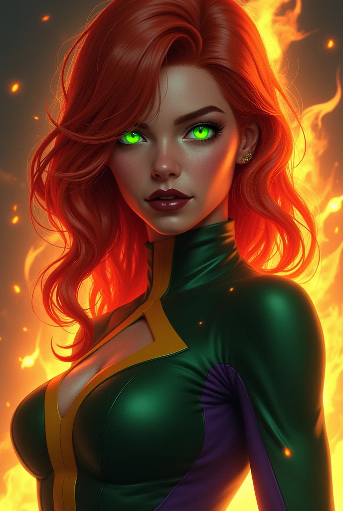 (photorealism:1.2), Digital real illustration featuring a female character with striking, glowing complet emerald eyes and
eyelashes emerald voluminous, fiery red hair that appears to be ablaze. Her skin is a smooth and tanned , light tan, and she has dark, glossy lips. She is wearing a form-fitting suit with a green and purple color scheme, indicating affiliation with the X-Men. The background is a gradient of dark to light hues, enhancing the dramatic effect of her hair and eyes.