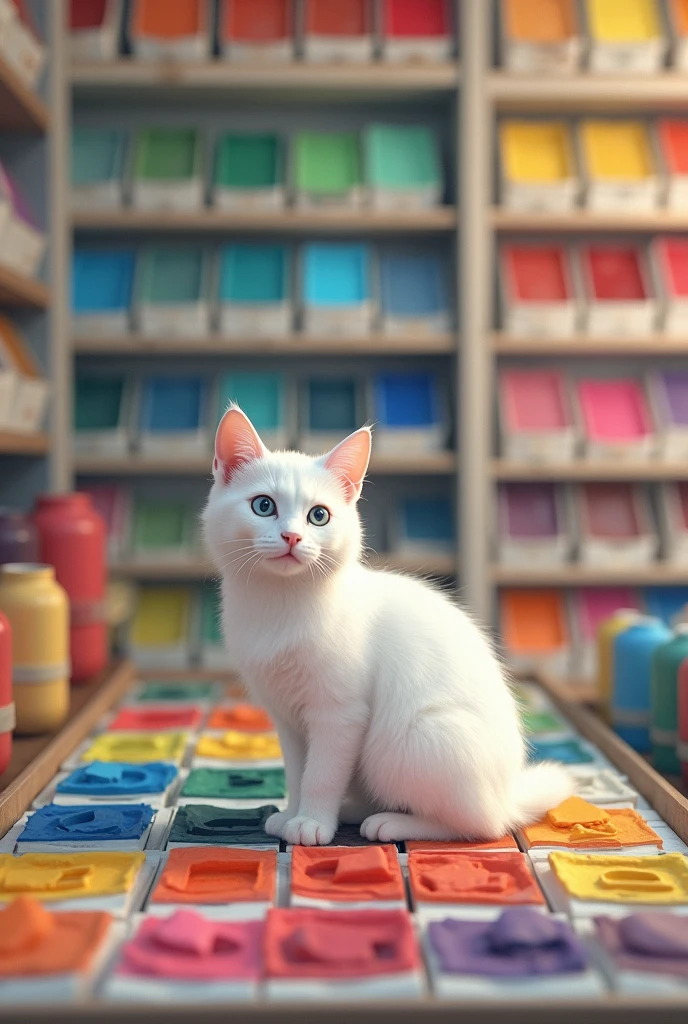 The white cat saw the color boxes. In a paint shop where only the color boxes were available.