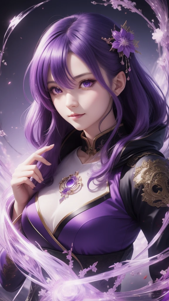 Purple hair and purple eyes、Anime character wearing purple clothes, Ayaka Genshin Impact, [[[[smile wickedly]]]], Akasuki Void Star, Onmyoji portrait, Hajime Yatate, Anime Moe Art Style, Portrait of a girl in the Knights of the Zodiac, Keqing of Genshin Impact, Ayaka Games Genshin Impact