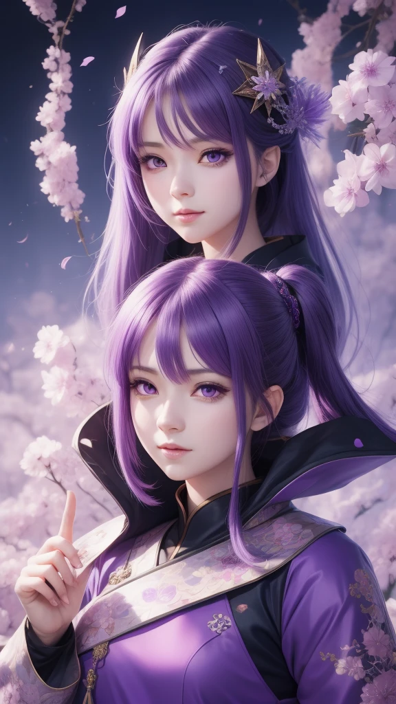 Purple hair and purple eyes、Anime character wearing purple clothes, Ayaka Genshin Impact, [[[[smile wickedly]]]], Akasuki Void Star, Onmyoji portrait, Hajime Yatate, Anime Moe Art Style, Portrait of a girl in the Knights of the Zodiac, Keqing of Genshin Impact, Ayaka Games Genshin Impact