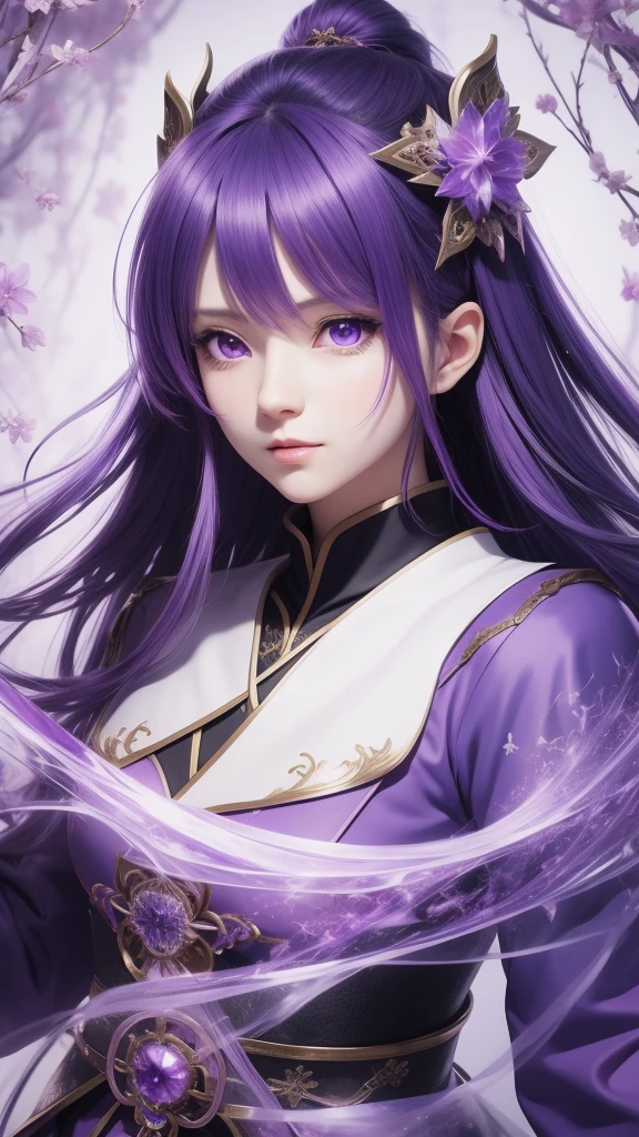 Purple hair and purple eyes、Anime character wearing purple clothes, Ayaka Genshin Impact, [[[[smile wickedly]]]], Akasuki Void Star, Onmyoji portrait, Hajime Yatate, Anime Moe Art Style, Portrait of a girl in the Knights of the Zodiac, Keqing of Genshin Impact, Ayaka Games Genshin Impact