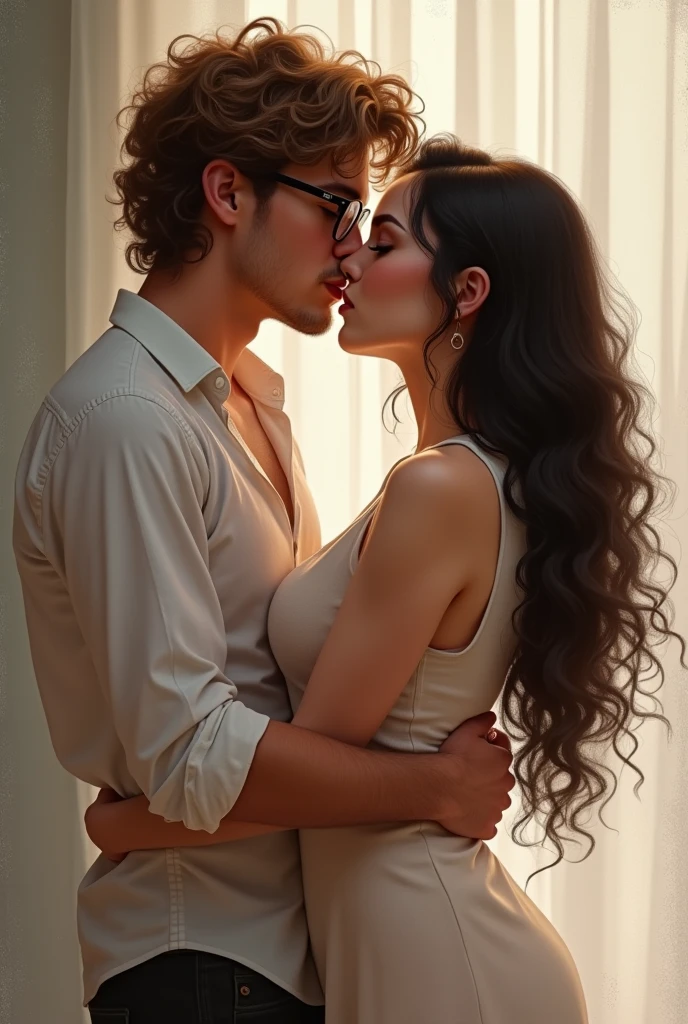 Una chica de White skin y ojos grises, Long hair, black curly and big breasts, lovingly kissing her brown haired boyfriend, White skin, Brown eyes, and glasses