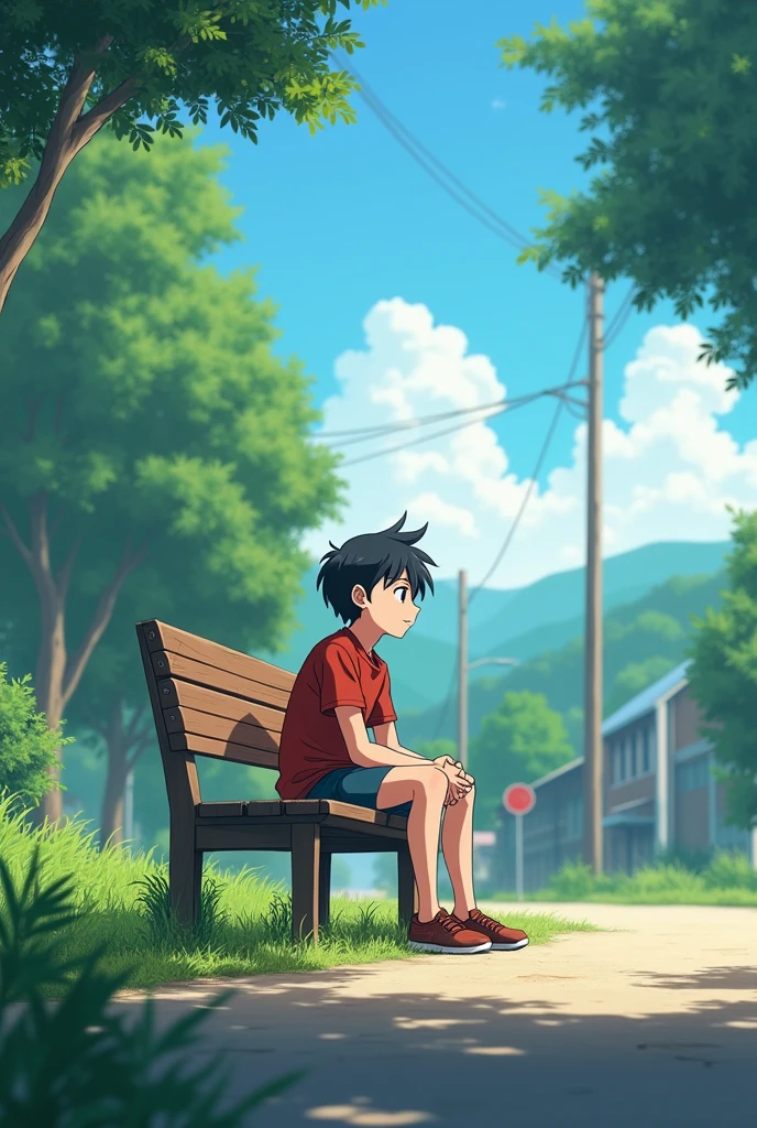 A 17 year anime boy is sitting in a road brench in he is thinking something