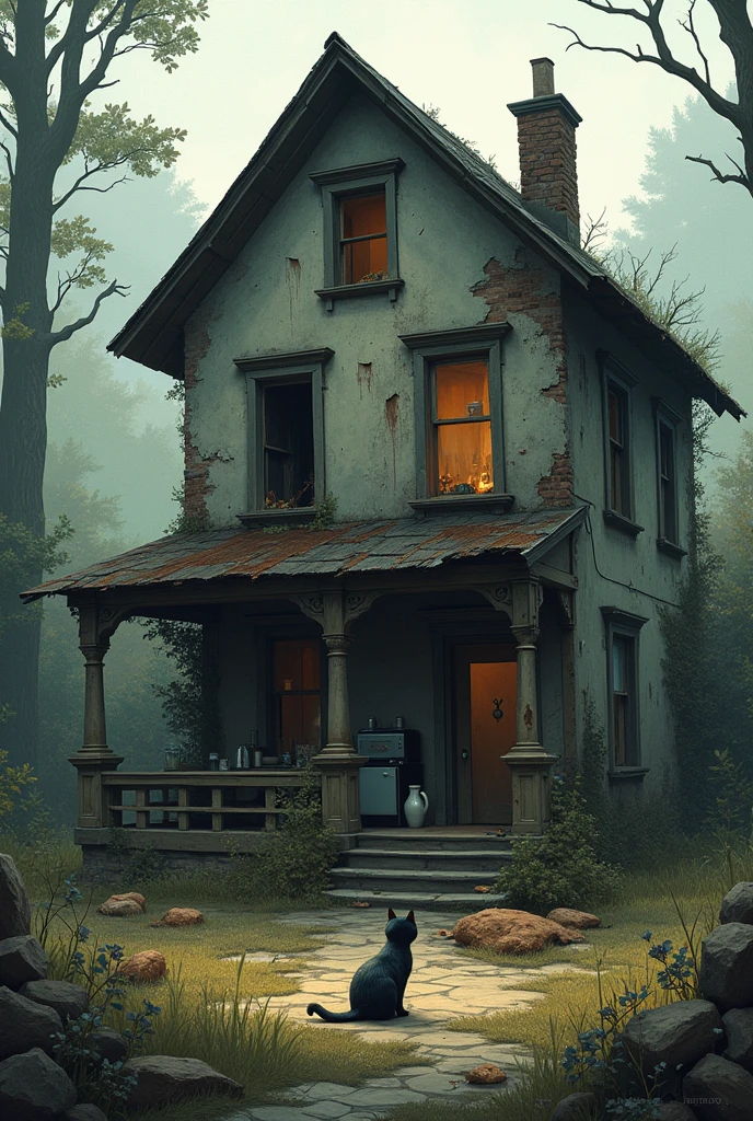 Whiskers' Home in Ruins**: The remains of a small, broken house, with water damage and scattered belongings.