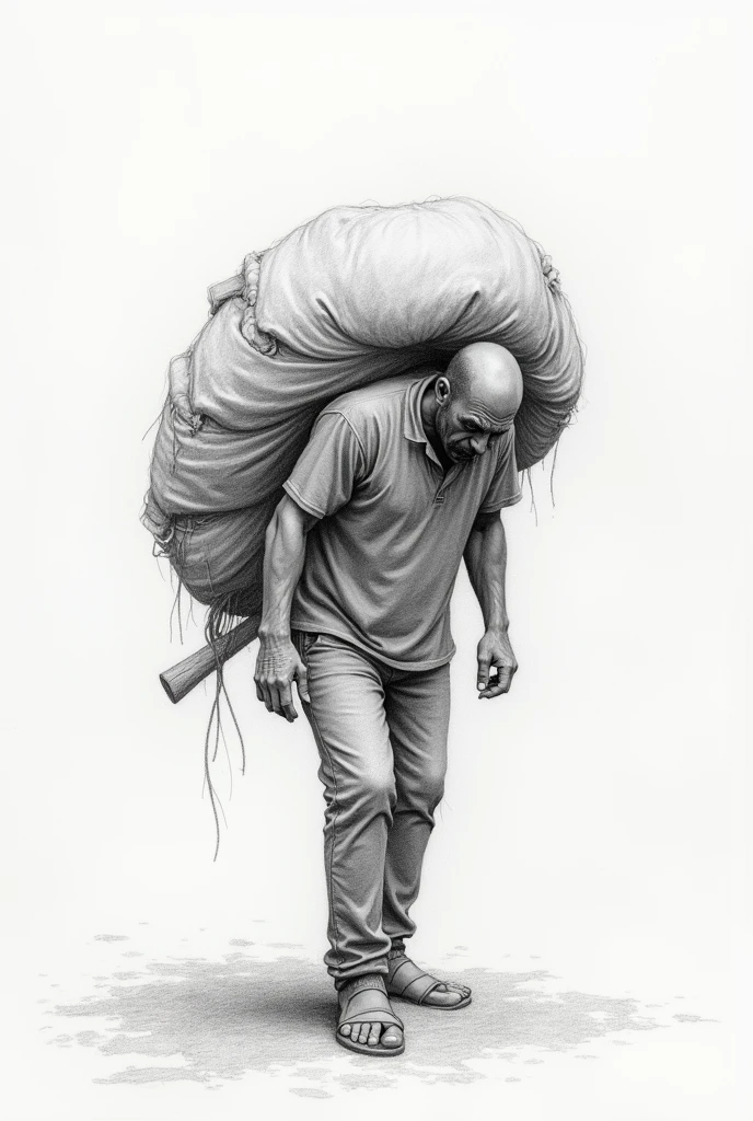 Pencil drawing of a man carrying his problems and being very lazy