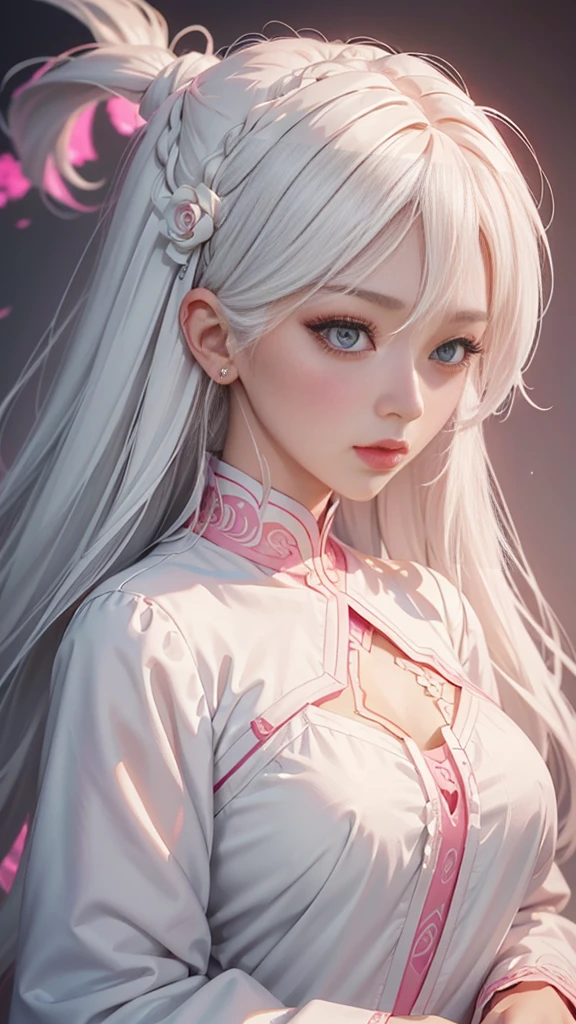 A close-up of a woman with long white hair and a pink shirt, a digital painting inspired by Ross Tran, art station, Digital art, Perfect white hair girl, Girl with white hair, guweiz style artwork, rossdraws 1. 0, 🤤 Portrait of woman ,Ross draws a portrait, rossdraws digital painting, ig model | artegerm