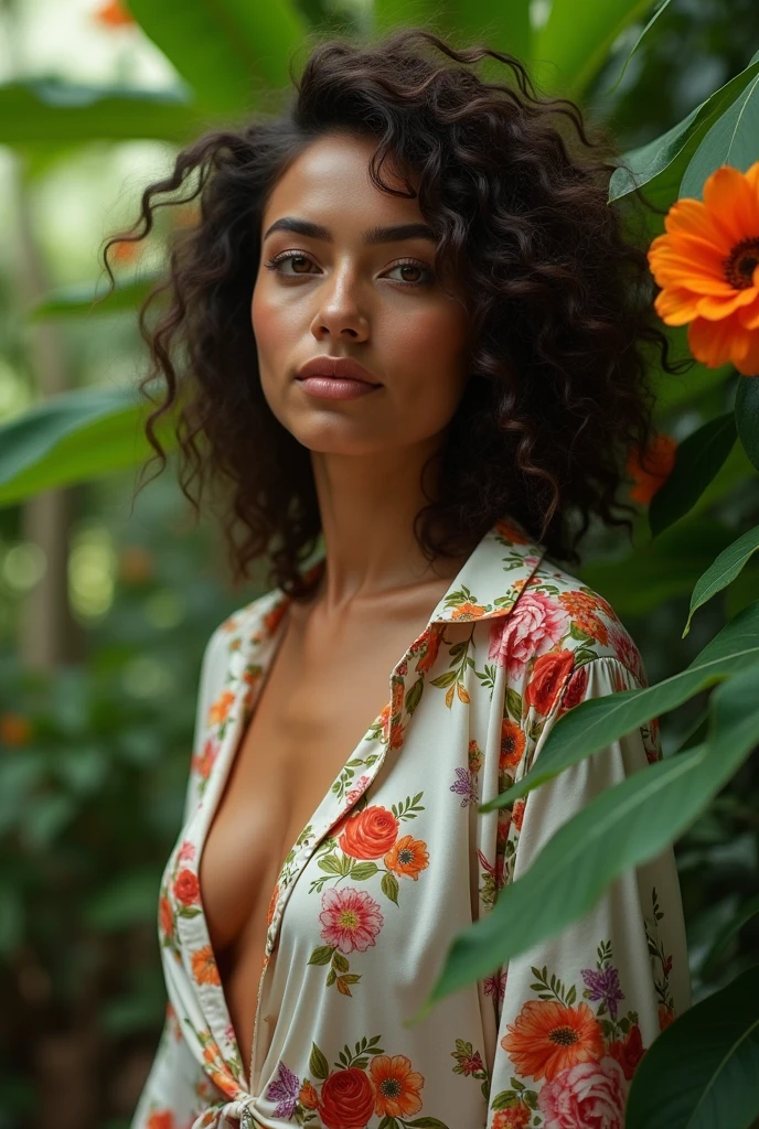 A Brazilian woman in a lush tropical garden, wearing an open shirt with a floral print, with a close-up capturing the harmonious beauty between her breasts and the natural flowers, showing off your natural charm and outgoing personality.