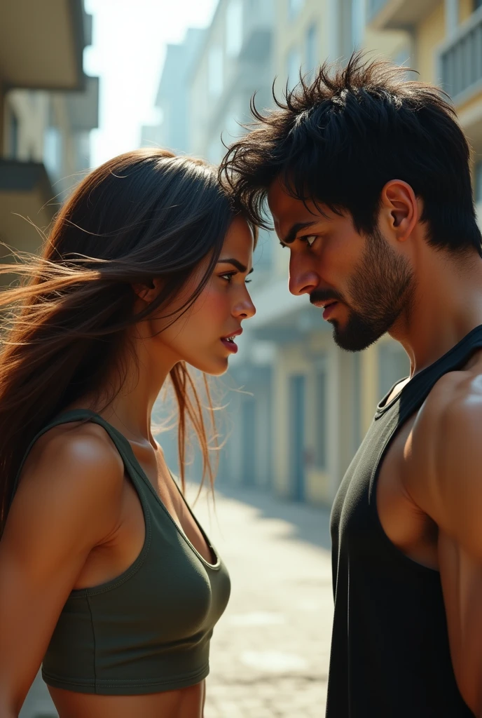 Long brown hair girl angry with fit guy messy black hair without facial hair