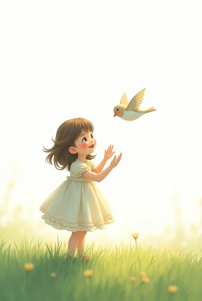 white background,cute liitle girl standing on grass,rais her hands to little bird,little bird flying,cute frock wearing girl,smilling face