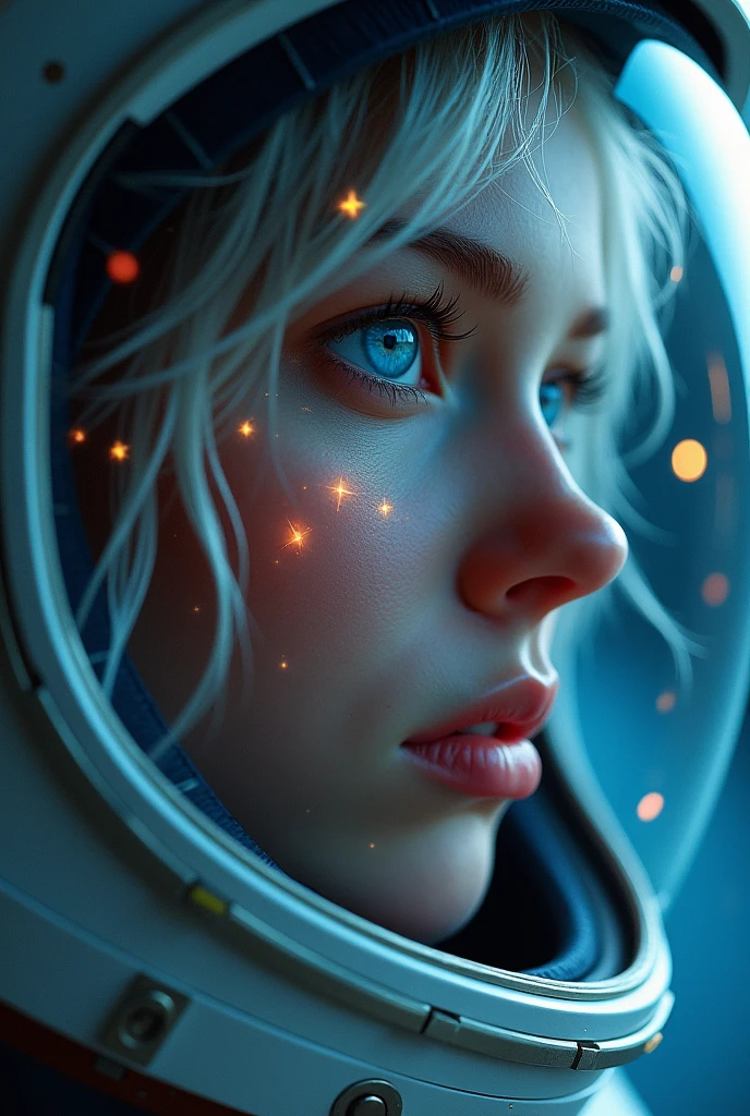 (Close-up of a better masterpiece:1.5)0.9], (Space and astronauts:1.2) (Messy silver hair:1.1) (Heterochromia xanthochromia and blue eyes:1.2) (Space Helmet:1.0) (Colored stars in the eyes:1.0) (A radiant glow:1.1) (thick lips:0.9)