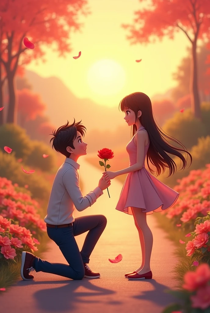 Creat an a 3d anime couple image standig a road the boy proposeing pose and given a red  rose. flower background sun set 